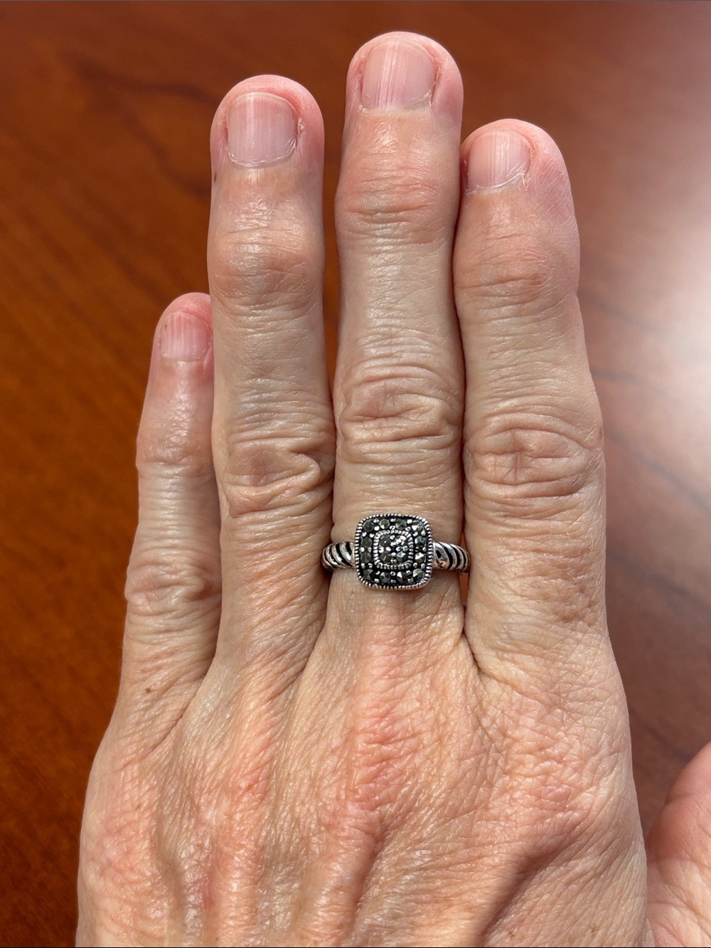 Sterling Silver Black Marcasite Square Ring with Twisted Band Size 6